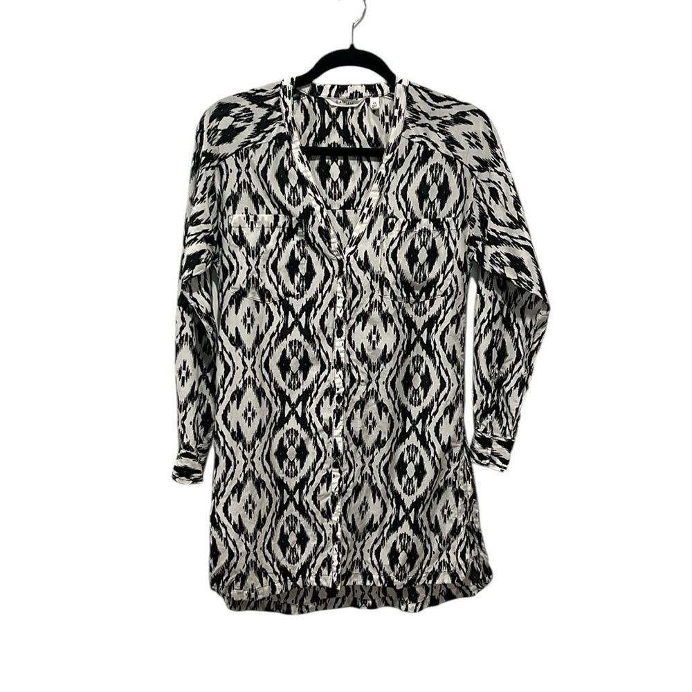 Athleta navy & white button down long sleeve cotton silk blend tunic coverup XS
